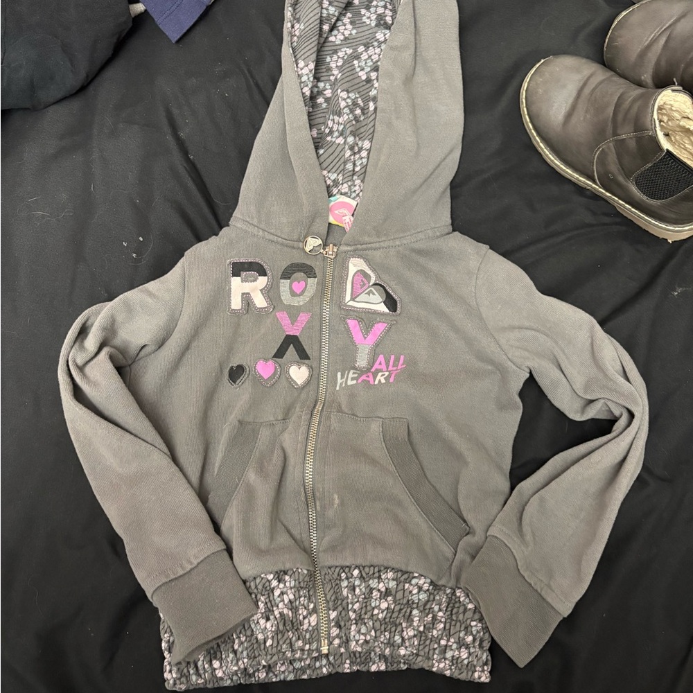 Roxy Gray Floral Print Hoodie Sweatshirt
